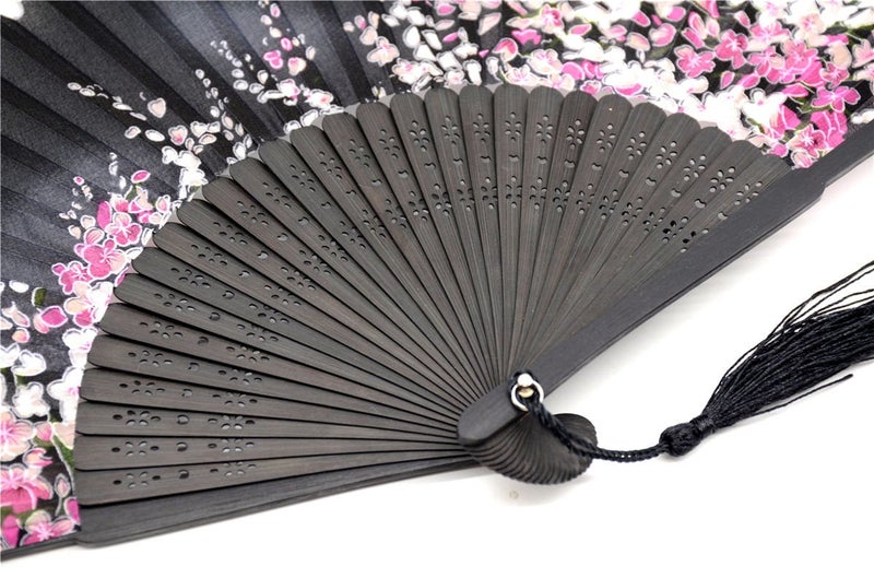 OMyTea Folding Hand Held Fan for Women Sakura Chinese/Japanese Vintage Retro Style - with a Fabric Sleeve for Protection (WZS-Black) - Image 5